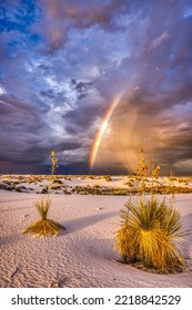 USA, New Mexico, White Sands National Park. Thunderstorm Rainbow Over Desert.