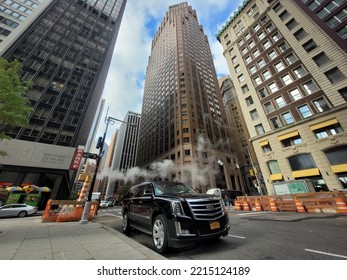 USA, New York - 17 OCT 2022: A Low Angle View Of Black Van Parked In Financial District, NYC, USA