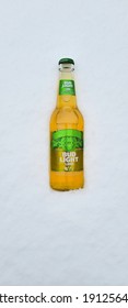 USA, New York - 8 February  2021: Beer Bud Light Lime On The Snow. Close Up View.