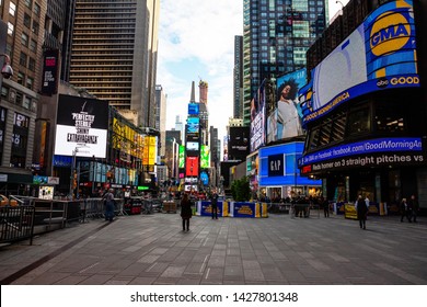 USA, New York, Times Square. May 3, 2019. High Modern Buildings, Colorful Neon Lights, Large Commercial Ads, Good Morning America Show