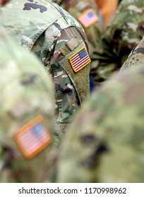 USA Patch Flag On Soldiers Arm. US Troops