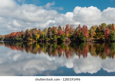 USA, Pennsylvania, Ricketts Glen State Park. Clouds And Colorful Fall Foliage Reflected In A Lake