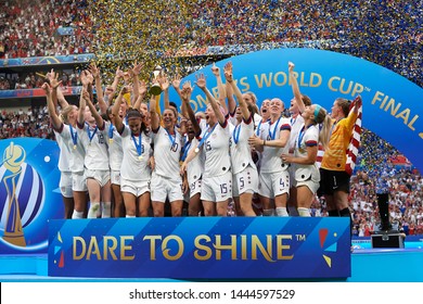 USA players celebrate after winning the 2019 FIFA Women's World Cup France Final match between The United State of America and The Netherlands at Stade de Lyon on July 7, 2019 in Lyon, France.