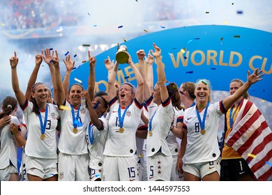 USA players celebrate after winning the 2019 FIFA Women's World Cup France Final match between The United State of America and The Netherlands at Stade de Lyon on July 7, 2019 in Lyon, France.