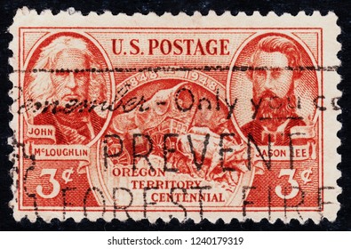 USA Postage Stamp  Circa 1948  3c  -  Oregon Territory Centennial  -   John Mcgloughlin  -  Jason Lee