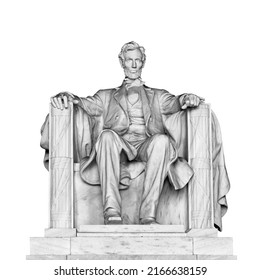 US-Präsident Abraham Lincoln setzte sich auf eine Statue einzeln auf weißem Hintergrund in der Lincoln Memorial, auf der National Mall, Washington, D.C., Vereinigte Staaten.