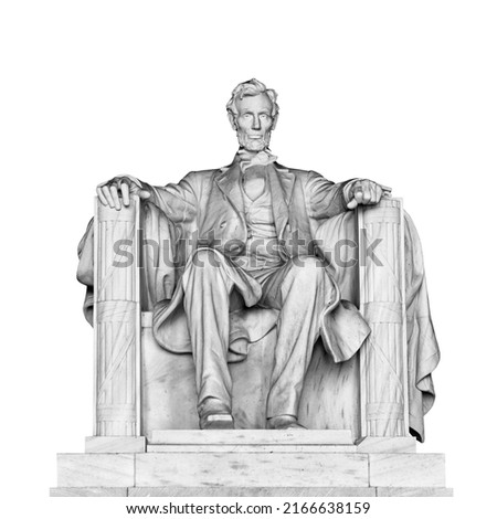 USA president Abraham Lincoln seated statue isolated on white background in he Lincoln Memorial, on the National Mall, Washington, D.C., United States.