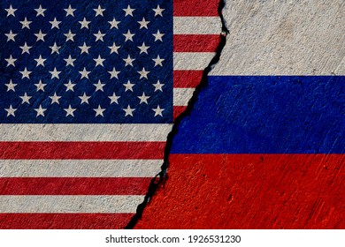 Usa And Russia Flags Painted On Concrete Wall