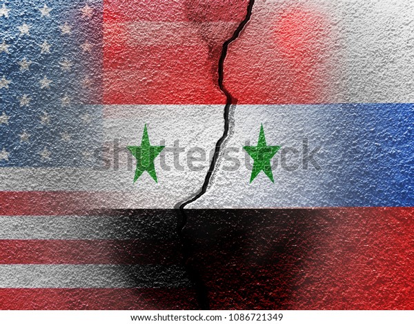 USA, Russia, and Syria flag on cracked wall\
(Concept of Internatioanal\
conflict)