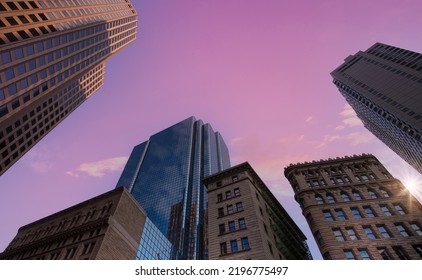 USA, Scenic Boston Downtown Financial District City Skyline And Skyscrapers.