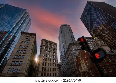 USA, Scenic Boston Downtown Financial District City Skyline And Skyscrapers.