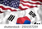 USA and South Korean Flags together. Representing US and South Korean alliance, trade, friendship, other relations. Slow motion flowing animation.