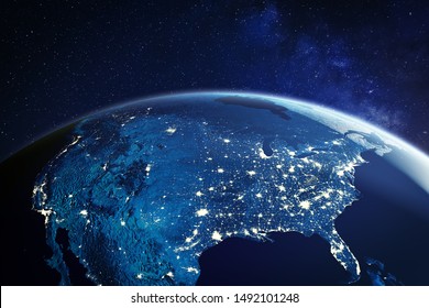 USA from space at night with city lights showing American cities in United States, global overview of North America, 3d rendering of planet Earth, elements from NASA - Shutterstock ID 1492101248