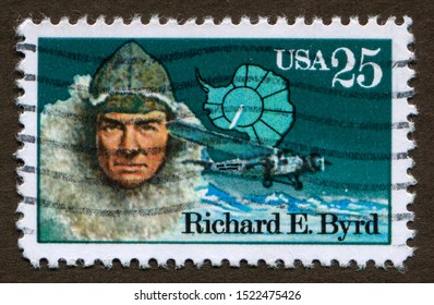 USA stamp circa 1988 : a stamp printed in USA shows Rear Admiral, Explorer Richard Evelyn Byrd.