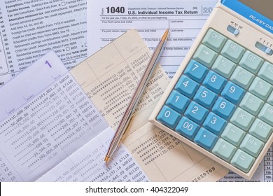 USA Tax Day And Financial Literacy Month Concept With Income Tax Return And Taxation Paying Preparation Document Paperwork 