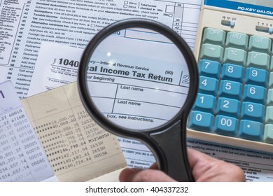 USA Tax Day And Financial Literacy Month Concept With Income Tax Return And Taxation Paying Preparation Document Paperwork 