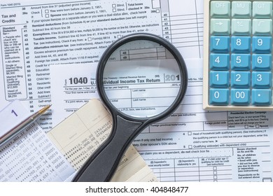 USA Tax Day And Financial Literacy Month Concept With Income Tax Return And Taxation Paying Preparation Document Paperwork 