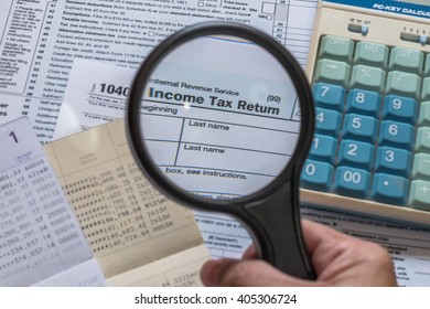 USA Tax Day And Financial Literacy Month Concept With Income Tax Return And Taxation Paying Preparation Document Paperwork 