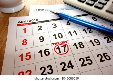 USA Tax Due Date Marked On Calendar - 17 April 2018