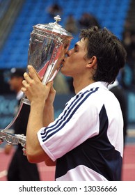 USA Tennis Player Taylor Dent Kisses The Kremlin Cup After He Won In The Tournament On October 5, 2003.