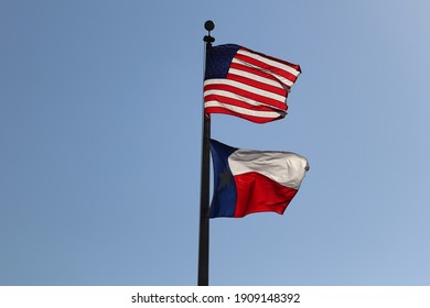 USA And Texas Flag Flying In The Wind