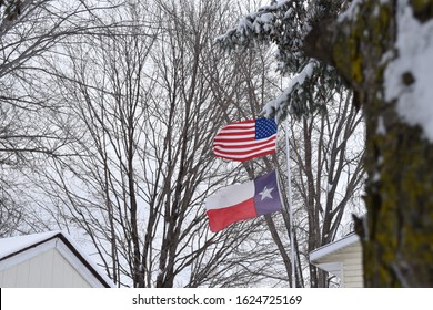 USA And Texas Flags In The Wind And Snow