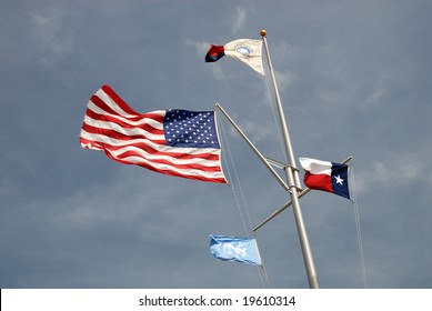 USA And Texas State Flags In Corpus Christi, TX USA