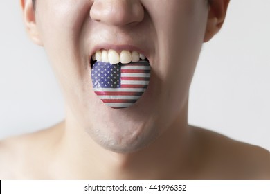 USA Or United States Flag Painted In Tongue Of A Man - Indicating English Language And American Accent Speaking, Study In America Concept