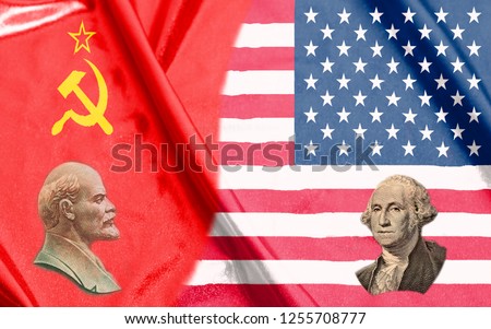 USA and USSR half flags together with portraits of Vladimir Lenin and George Washington