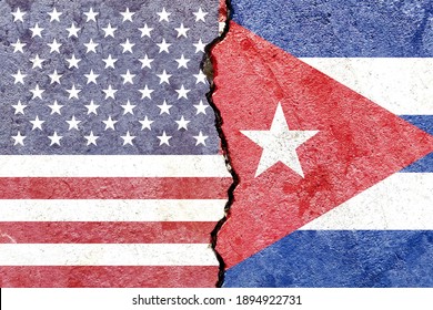 USA vs Cuba national flags icon grunge pattern isolated on broken weathered cracked wall background, abstract US Cuba politics relationship friendship divided conflicts concept texture wallpaper