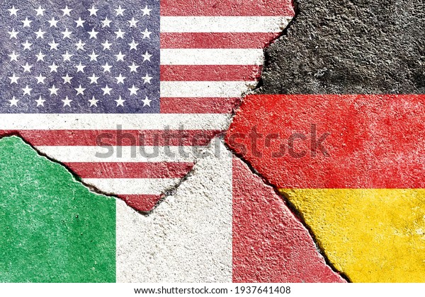 USA VS Germany VS Italy national flags icon on\
broken weathered wall with cracks, abstract US Germany Italy\
international politics relationship divided conflict pattern\
texture background\
wallpaper
