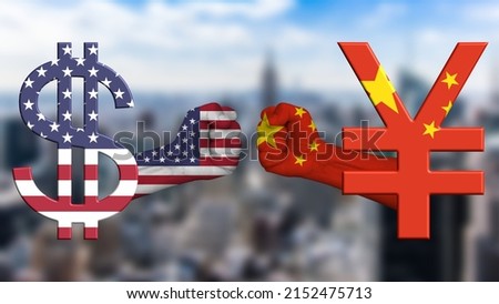 USA vs versus China, the new money war, US Dollar against Chinese Yuan, war disputes concept