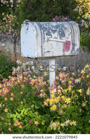 Similar – Image, Stock Photo Old mailbox of the student council with trash can and bulky waste on an old building in natural colors of the University Hospital Giessen on the Lahn in Hesse