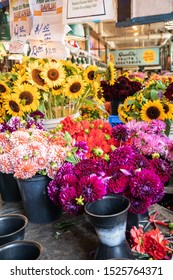 USA, Washington State, Seattle, Pike Place Market. August 15, 2019. Fresh Flowers For Sale.