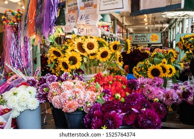 USA, Washington State, Seattle, Pike Place Market. August 15, 2019. Fresh Flowers For Sale.