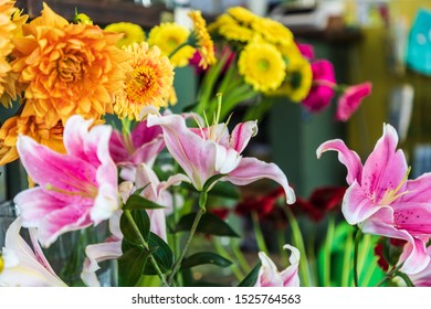 USA, Washington State, Seattle, Pike Place Market. Variety Of Cut Flowers For Sale.