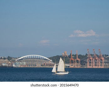 Usa, Washington State, Seattle, Sailboat In Elliott Bay Near Century Link Field And Port Of Seattle