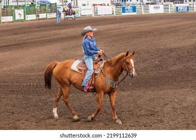 USA, Washington State, Whitman County. Palouse. Palouse Empire State Fair. Colfax. September 9, 2021. Woman On A Horse At A Rodeo.