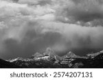 USA, Wyoming. Black and white landscape of Virga Clouds over Mount Owen, Grand and Middle Teton Mountains, Grand Teton National Park.