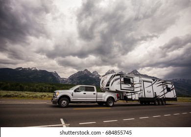 USA, WYOMING, JULY, 2017: RV Vehicle In Grand Teton National Park, Wyoming. 