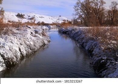 USA, Wyoming. Little Goose Creek In Winter.