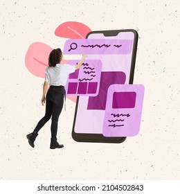 Usability Testing. Creative Design. Contemporary Art Collage. Young Woman, Professional Web Developer And Designer Testing New Mobile App. Concept Of IT, Business, Application, Access, Network, Gadget