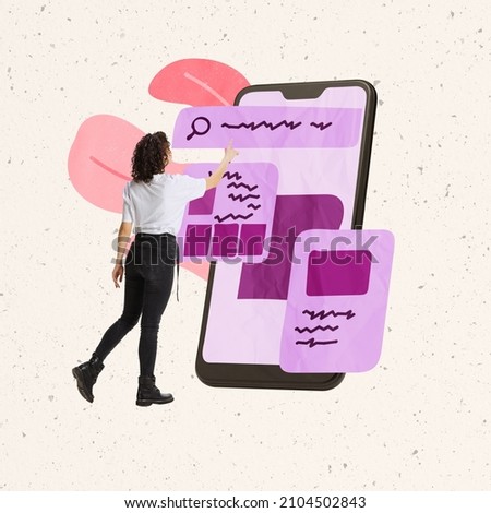 Usability testing. Creative design. Contemporary art collage. Young woman, professional web developer and designer testing new mobile app. Concept of IT, business, application, access, network, gadget