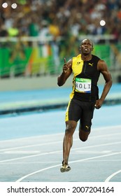 Usain Bolt of Jamaica wins Rio 2016 Olympic Games. Jamaican sprinter scores gold medal 100m sprint race final track and field - Rio de Janeiro, Brazil 08.15.2016 