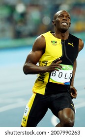 Usain Bolt of Jamaica wins Rio 2016 Olympic Games. Jamaican sprinter scores gold medal 100m sprint race final track and field - Rio de Janeiro, Brazil 08.15.2016 