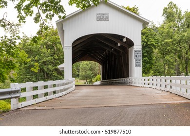 USA,Oregon, Lane County, Jasper,Place Road, Fall Creek. Pengra Covered Bridge. 120 Foot, Howe Truss. Structure.