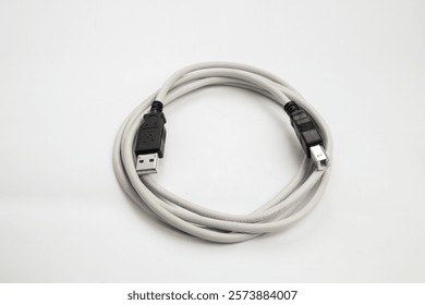 A USB A to B cable with a gray coating, used for connecting devices such as printers or scanners to computers
