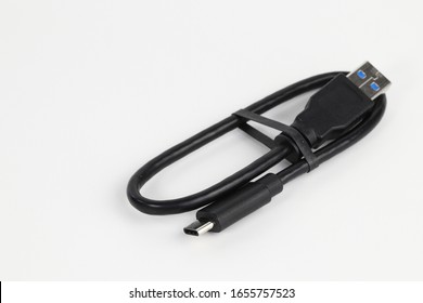 USB cable type A to type C on USB 3.0 or 3.1 format cables isolated on white background.