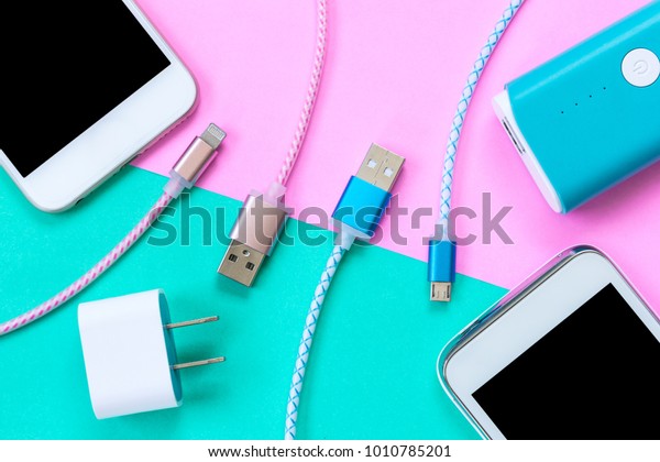 USB\
charging cables for smartphone and tablet in top\
view