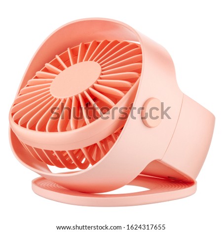 USB desktop fan isolated on white background. Three quarter view with raised blades